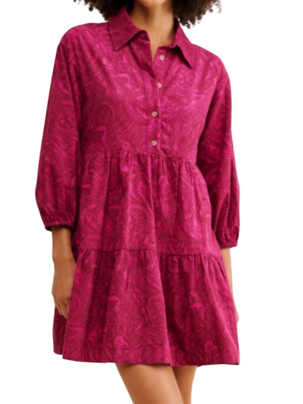 Anthropologie Maeve Bettina Paisley Print Corduroy Tiered Mini Shirt Dress - M